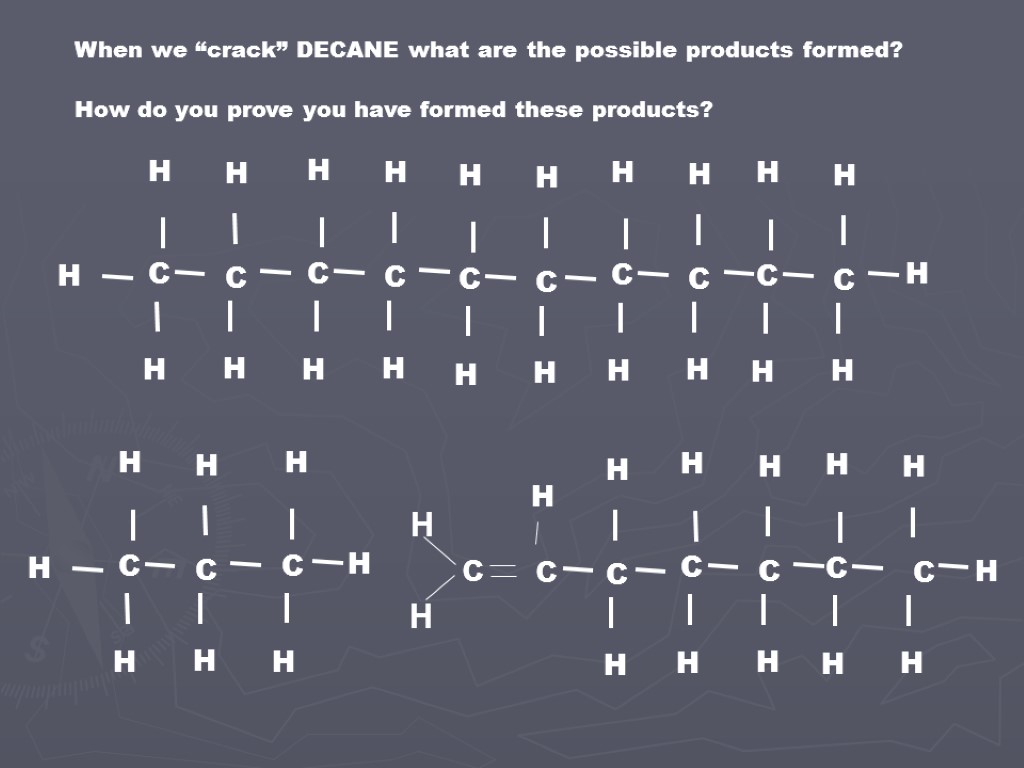 When we “crack” DECANE what are the possible products formed? How do you prove